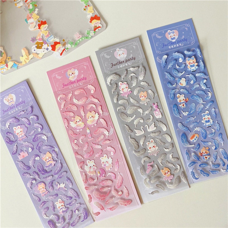 Kawaii bunny deco sticker sheet, feather stickers, card making sticker sheet